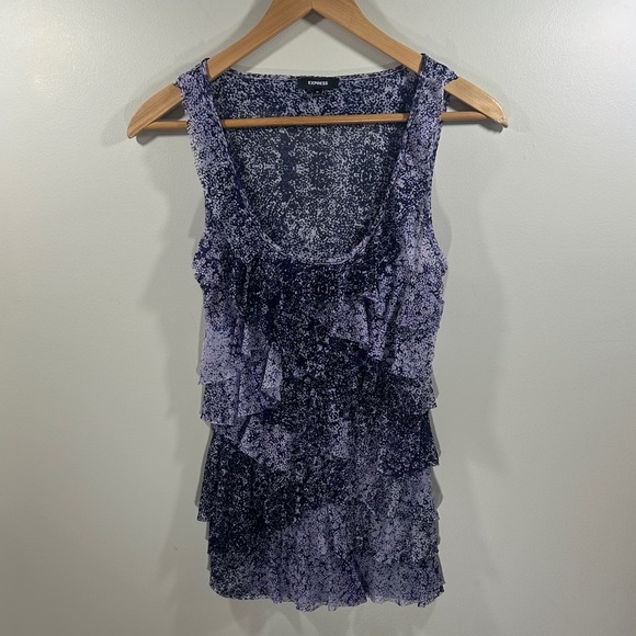 Express Purple and Black Sheer Ruffle blouse Tank Top woman’s size medium - Picture 2 of 8